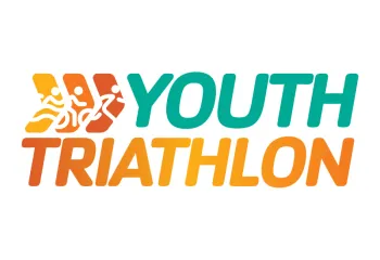 Graphic with chevrons including swimmer, biker and runner stick images. Youth Triathlon is written with green and orange text.