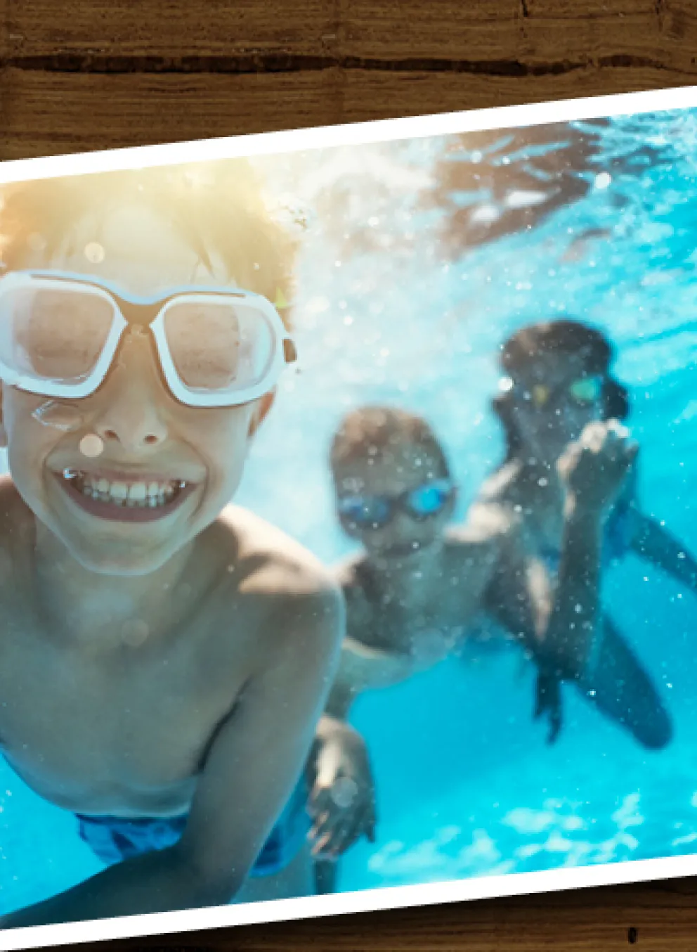 collage of photos of children participating in activities at camp. Five kids with hands stacked, three kids swimming under water, four kids playing soccer, children painting