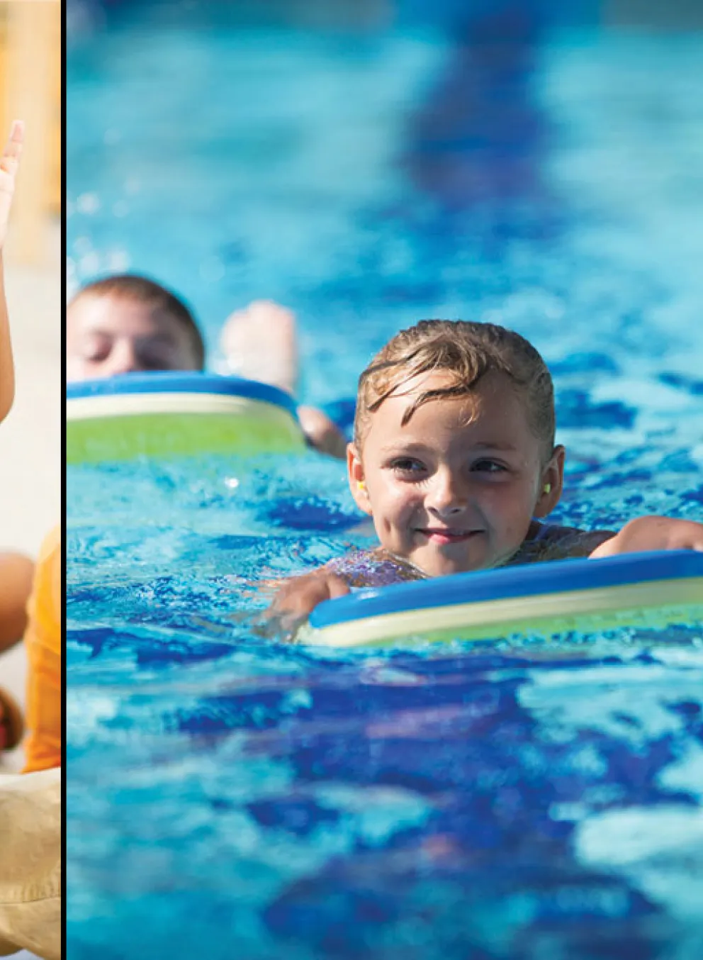 Three photos left to right. Left image is preschool kids in reading circle, one child raising hand. Middle image: two kids swimming using kick boards. Right photo: senior adult on treadmill smiling to the camera.