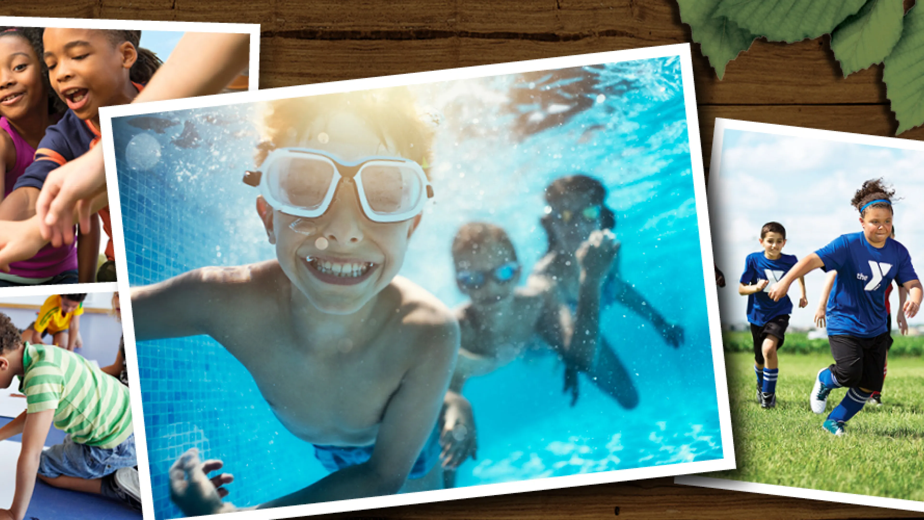 collage of photos of children participating in activities at camp. Five kids with hands stacked, three kids swimming under water, four kids playing soccer, children painting