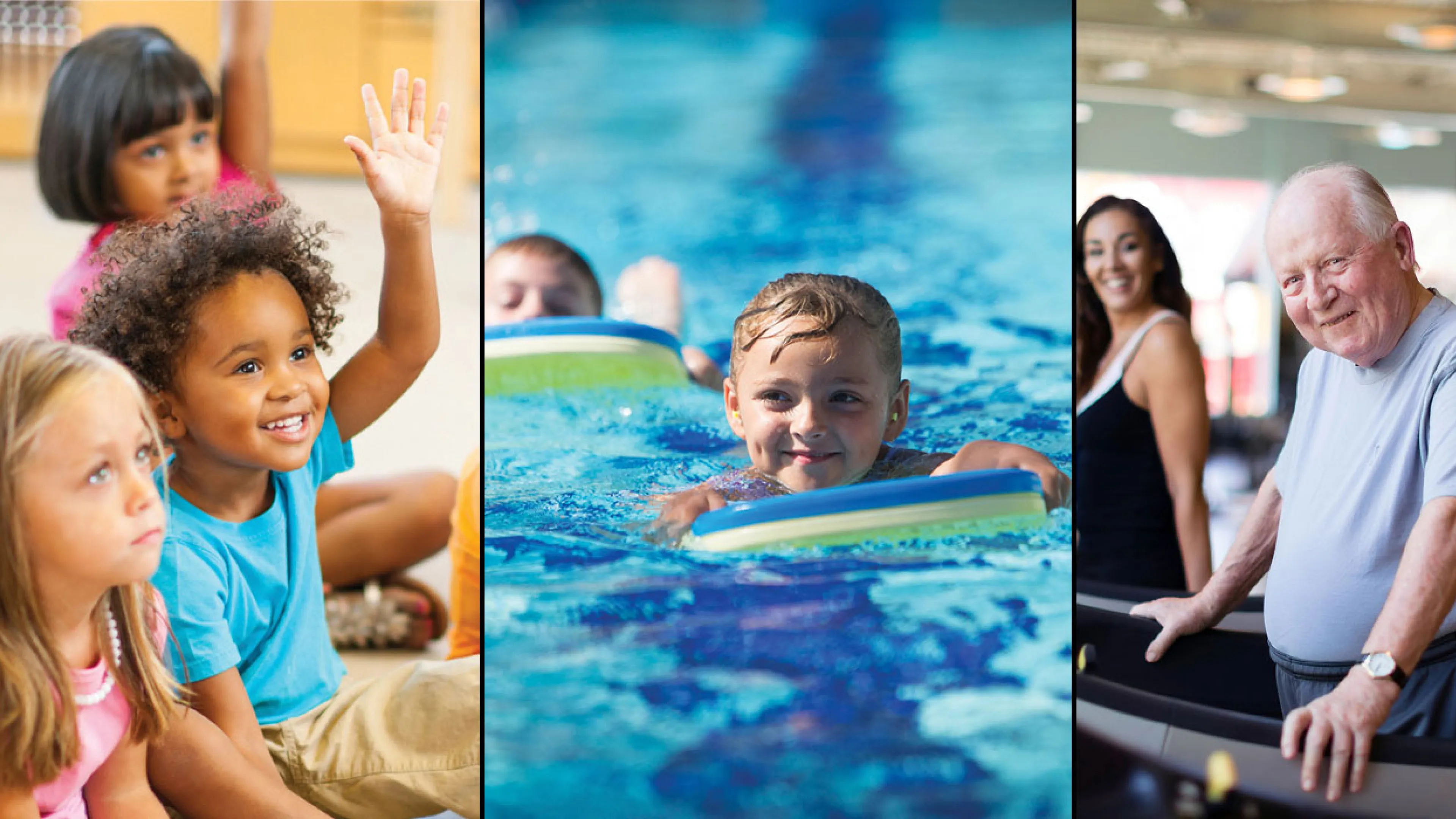 Three photos left to right. Left image is preschool kids in reading circle, one child raising hand. Middle image: two kids swimming using kick boards. Right photo: senior adult on treadmill smiling to the camera.