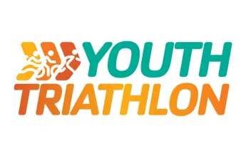 Graphic with chevrons including swimmer, biker and runner stick images. Youth Triathlon is written with green and orange text.